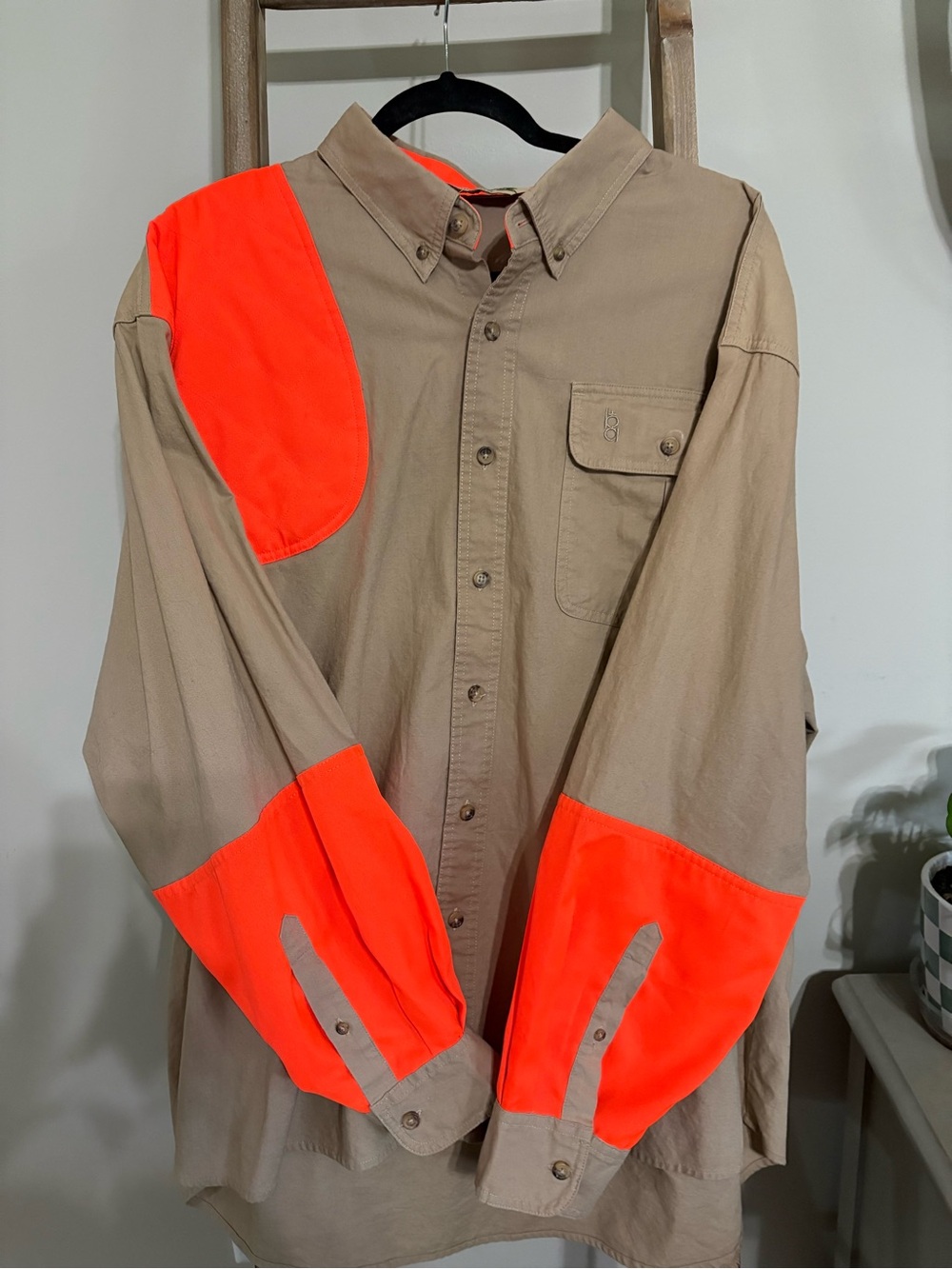 Men's Khaki Button-Down Shirt with High-Visibility Orange Accents